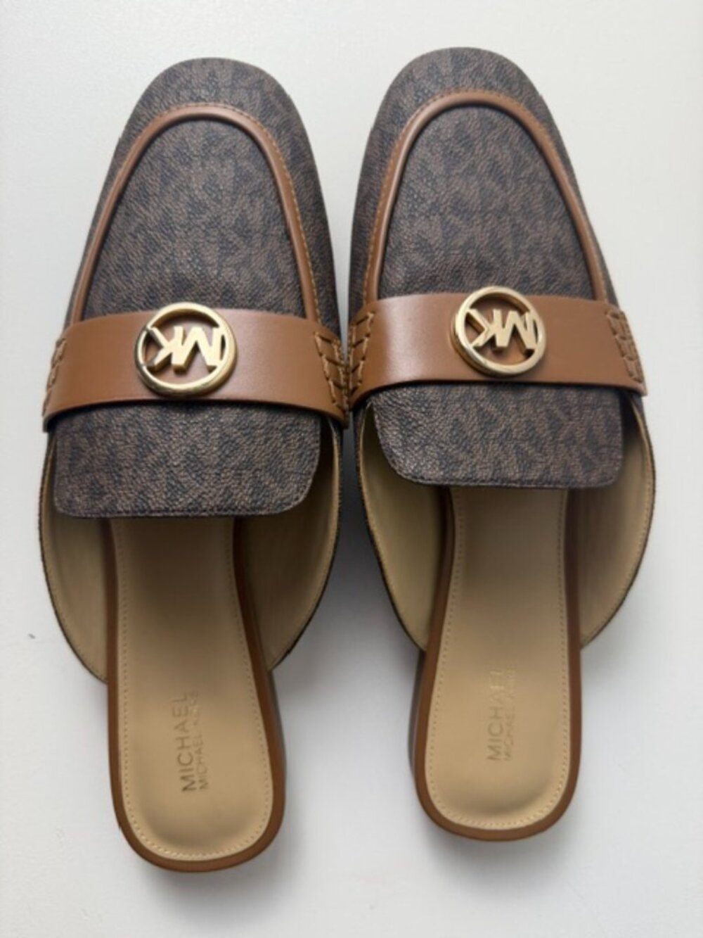 Michael Kors Brown MK Monogram Mule Loafers Gold Logo